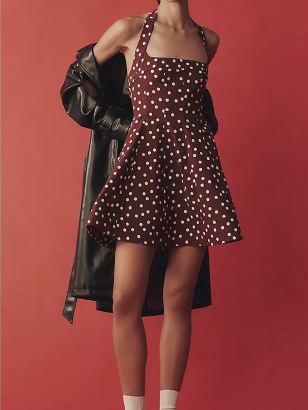Maeve Burgundy Halter Circle Skater Skirt with White Polka Dots